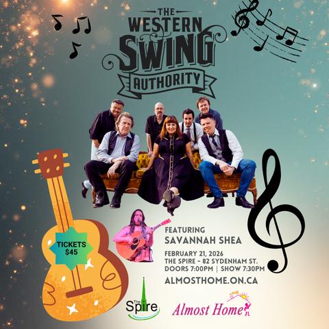 Poster for The Western Swing Authority featuring Savannah Shea, with event details for February 21, 2026 at The Spire in Kingston. Includes ticket price of $45, musical notes, and guitar graphics.