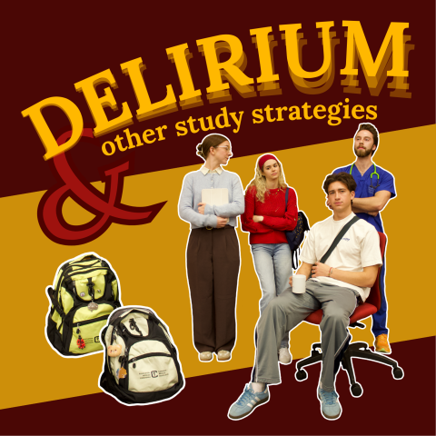 “Poster featuring the title ‘Delirium & other study strategies’ with four individuals standing and sitting, holding books and bags, against a red and gold background.”