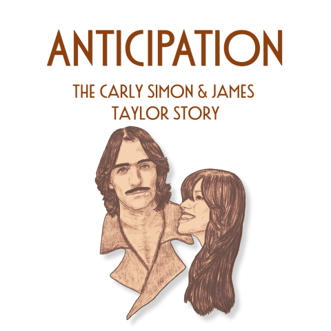 Poster for Anticipation: The Carly Simon & James Taylor Story featuring illustrated portraits of two musicians beneath the title on a light background.