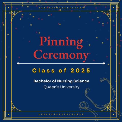 blue background with text stating Queens Nursing Pinning Ceremony