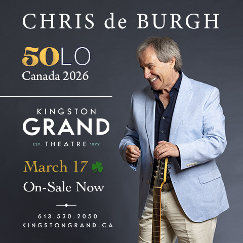 Promotional poster for Chris de Burgh's '50LO Canada 2026' tour, featuring Chris de Burgh standing with an acoustic guitar against a dark grey background, dressed in a light blue blazer and beige pants.