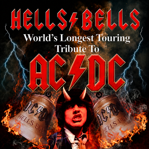 Short alt text:  Hells Bells AC/DC tribute poster featuring lightning, flames, two bells, and a horned performer beneath the text “World’s Longest Touring Tribute to AC/DC.”
