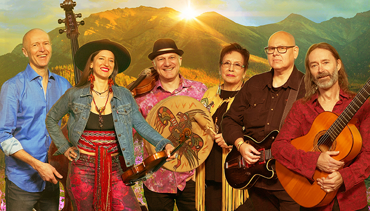 A group of six musicians holding various musical instruments