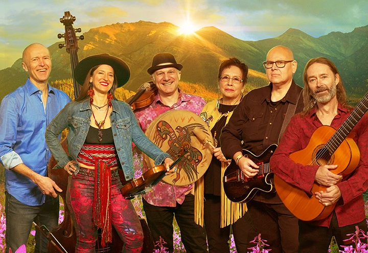 Six musicians holding instruments.