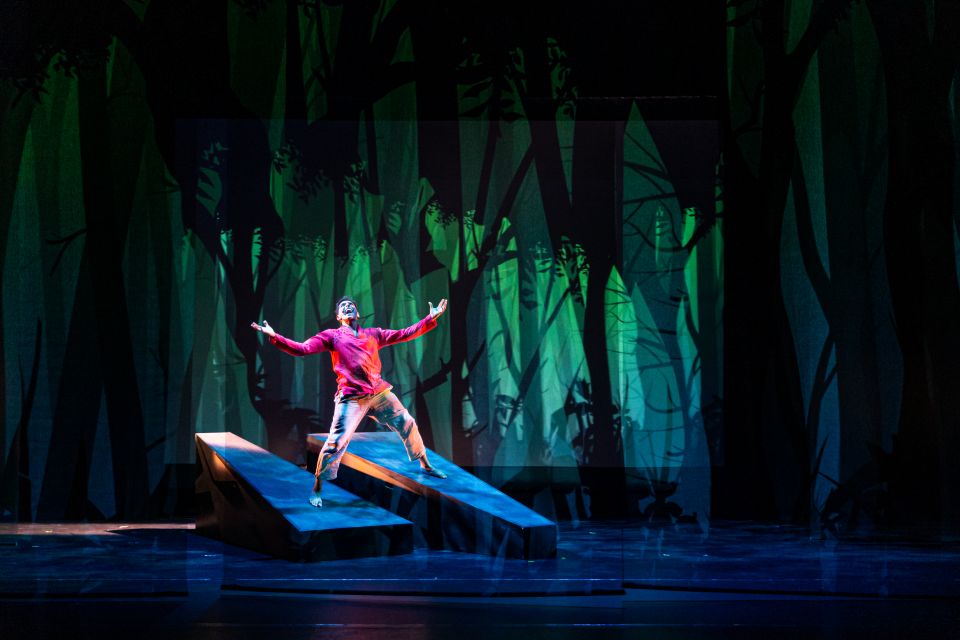 An actor onstage in front of a forest set