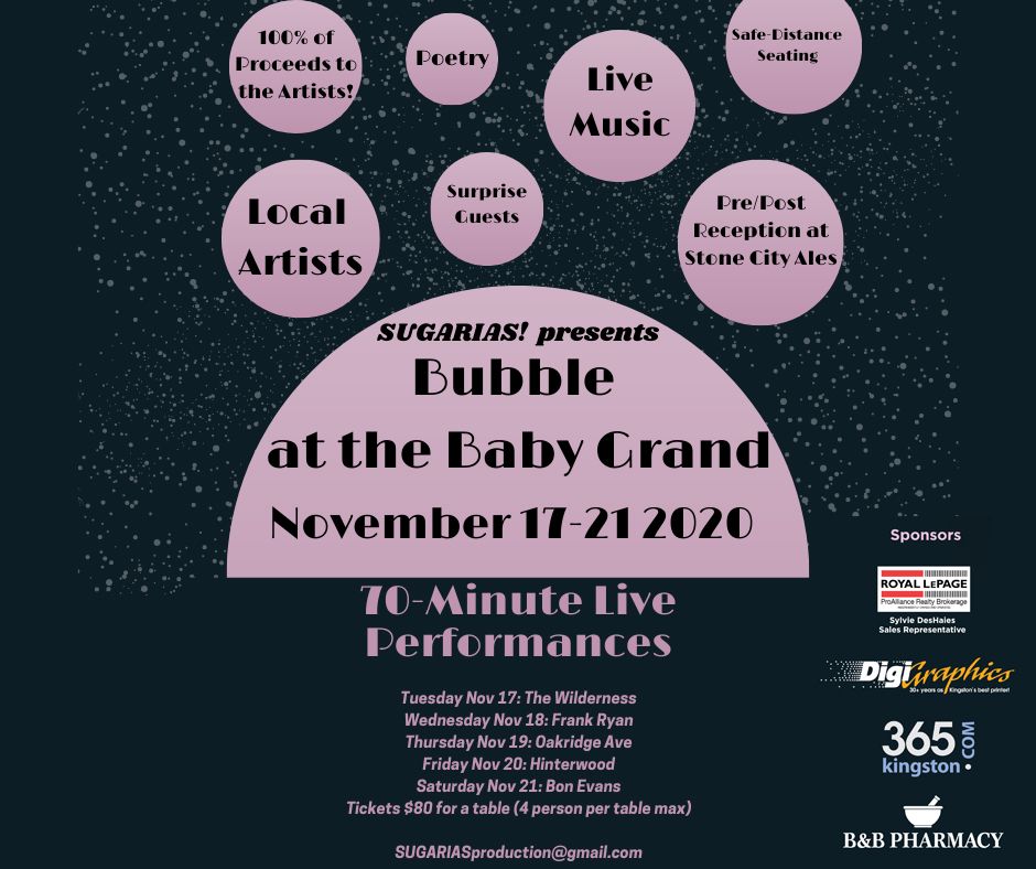 Bubble in the Baby Grand Graphic listing all performances happening as part of Bubble at the Baby Grand
