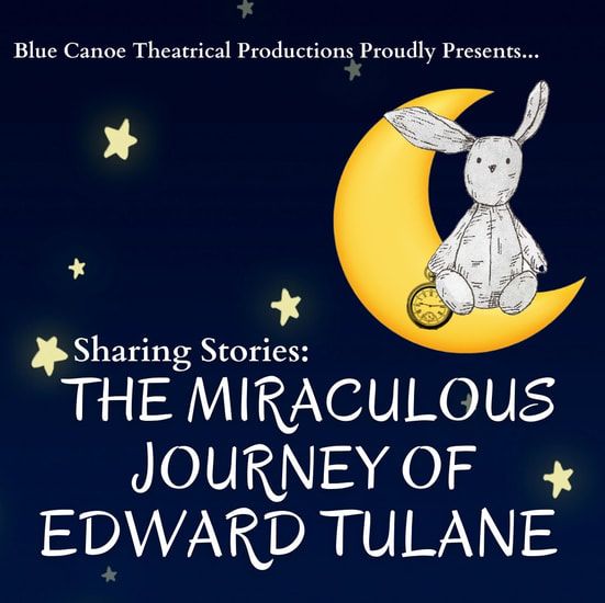 SHARING STORIES:The Miraculous Journey of Edward Tulane A bunny sitting on a moon crescent with a navy blue background with stars