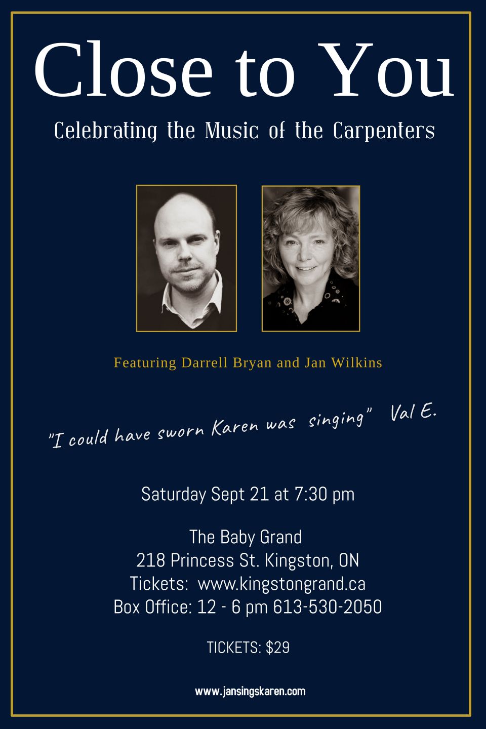 Close to You: Celebrating the Music of The Carpenters poster describing the Close to You concert, music by The Carpenters