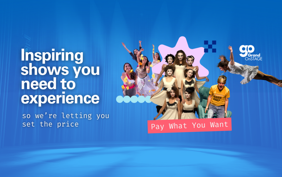Graphic highlighting a collage of our Pay What You Want programming on a blue background
