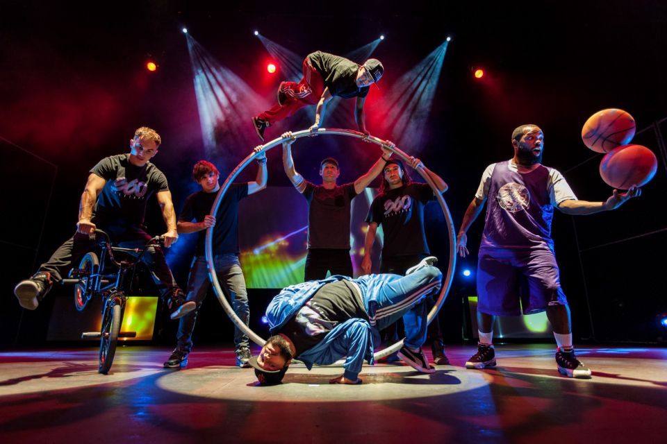 360 ALLSTARS A group of performers with a hoop, basketball, BMX bike.