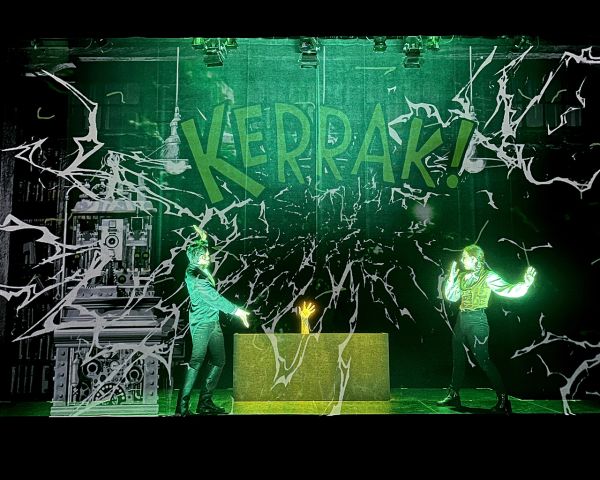 A green room that is doctor Frankenstein's laboratory