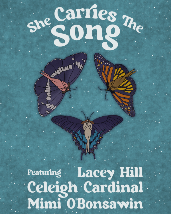 She Carries the Song poster featuring 3 butterflies forming a circle
