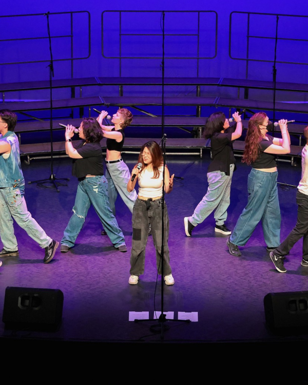 performers on stage singing and dancing wearing jeans