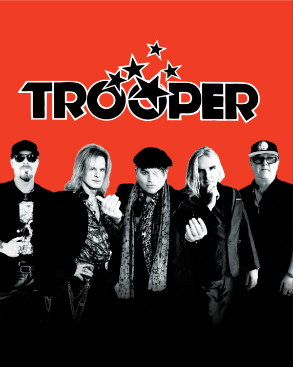 5 members of Trooper on a black and red background with the font Trooper on top