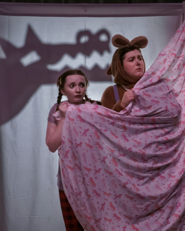 2 actors dressed as animals holding a pink sheet in front of them
