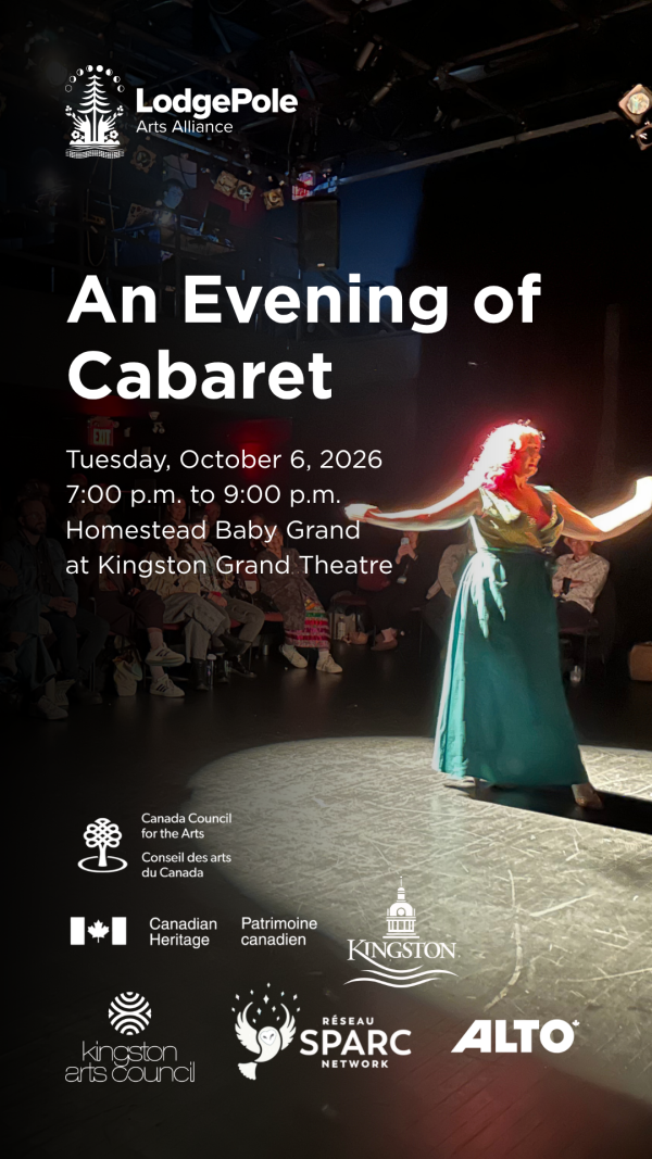 Promotional poster for “An Evening of Cabaret” at Kingston Grand Theatre, featuring a performer in a spotlight surrounded by audience seating, with event details for October 6, 2026.