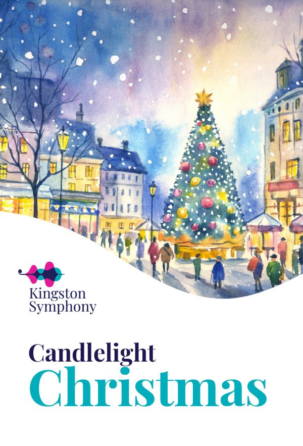 Short alt text:  Kingston Symphony poster featuring a watercolor winter town square with a decorated Christmas tree and falling snow, with the title Candlelight Christmas.