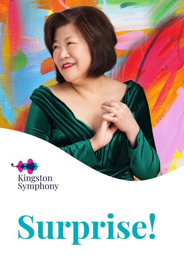 Promotional poster featuring a person in a green outfit against a colorful abstract background, with the Kingston Symphony logo and the text “Surprise!” displayed below.