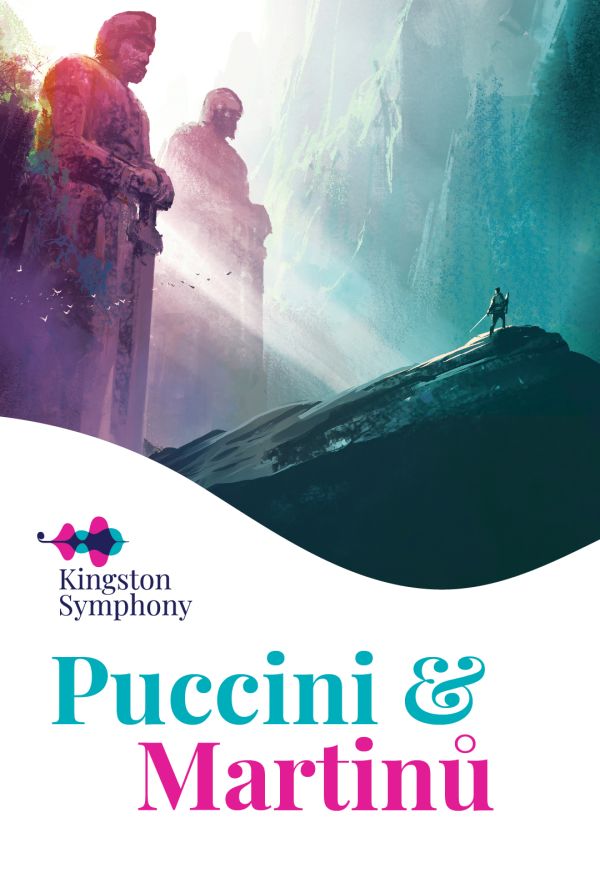 Kingston Symphony poster featuring a dramatic fantasy-style illustration of towering figures and a lone traveler, with the title Puccini & Martinů.