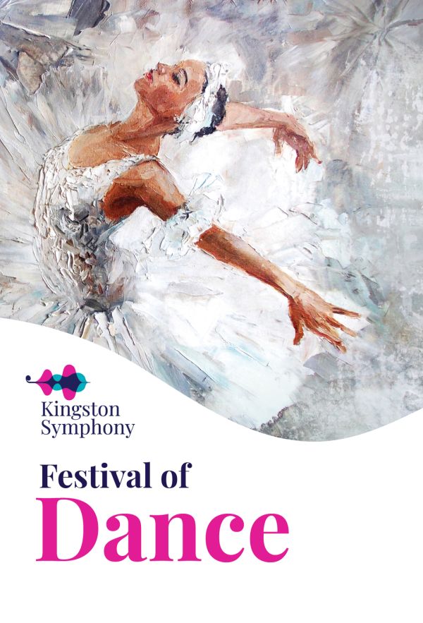 Short alt text:  Kingston Symphony poster featuring a painting of a ballet dancer in a white costume, with the title Festival of Dance.