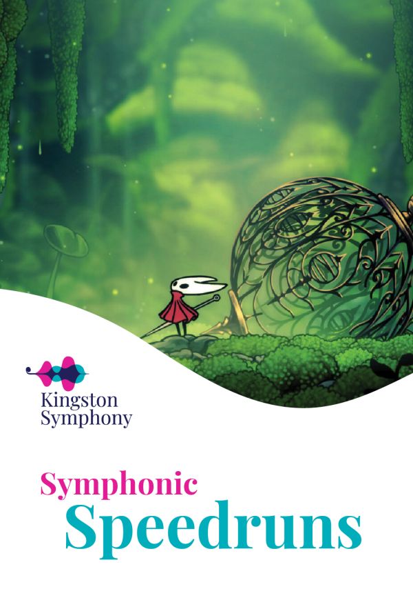 Short alt text:  Kingston Symphony poster featuring a fantasy video game scene with a small masked character in a lush green forest, with the title Symphonic Speedruns.
