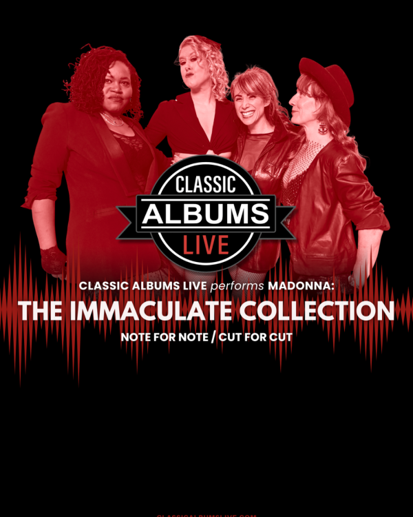 Four women dressed in red on a black background