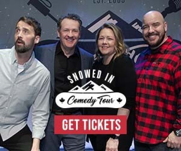 Snowed In Comedy Tour promotional image with a red ‘Get Tickets’ button.