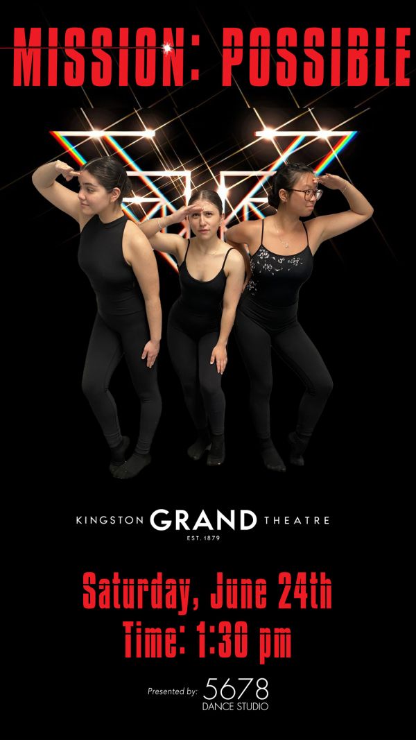 Mission: Possible three dancers in black, using their hands to shield their eyes as they look around