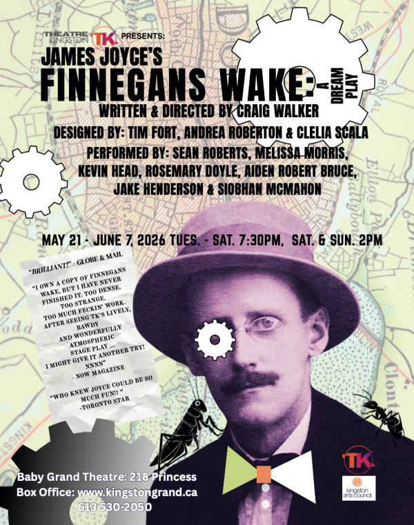 Poster for Theatre Kingston’s production of Finnegans Wake: A Dream Play, featuring an illustrated figure in period clothing on the left and show details on a green background to the right.