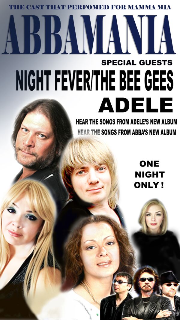 performers along the bottom of the poster with ABBAMANIA in blue lettering along the top