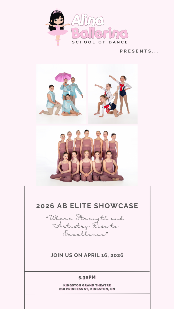 Promotional poster for Alina Ballerina School of Dance’s 2026 AB Elite Showcase, showing group photos of dancers and event information.