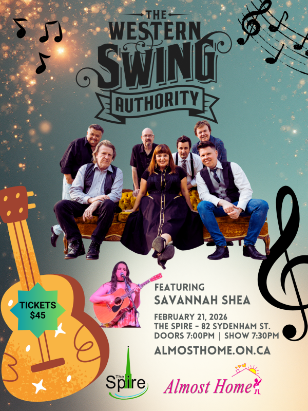 Poster for The Western Swing Authority featuring Savannah Shea, with event details for February 21, 2026 at The Spire in Kingston. Includes ticket price of $45, musical notes, and guitar graphics.