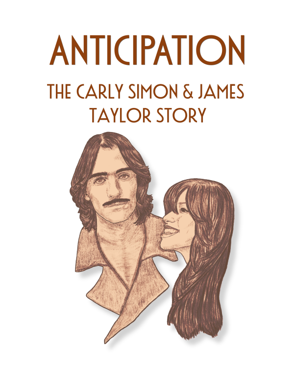 Poster for Anticipation: The Carly Simon & James Taylor Story featuring illustrated portraits of two musicians beneath the title on a light background.
