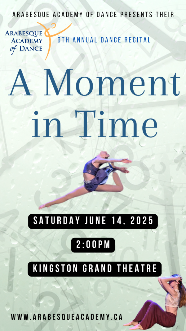 Two dancers on a light green background, the text A Moment in Time across the centre