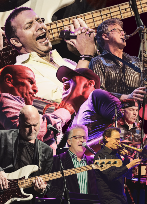 Collage of live musicians performing on stage, featuring singers and brass players with microphones, saxophone, trombone, and bass guitar under colorful concert lighting.