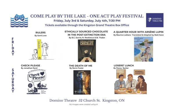 poster with the six plays being presented at the Come Play by the Lake One Act Play Festival