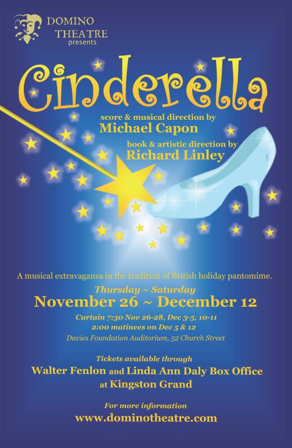 Poster for “Cinderella” featuring a glass slipper, a magic wand with stars, and show dates and venue details for Domino Theatre.