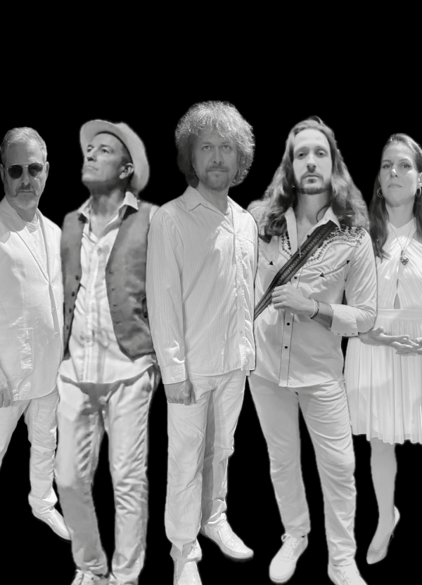 Black-and-white cutout of five people standing side by side in light-colored clothing against a black background.
