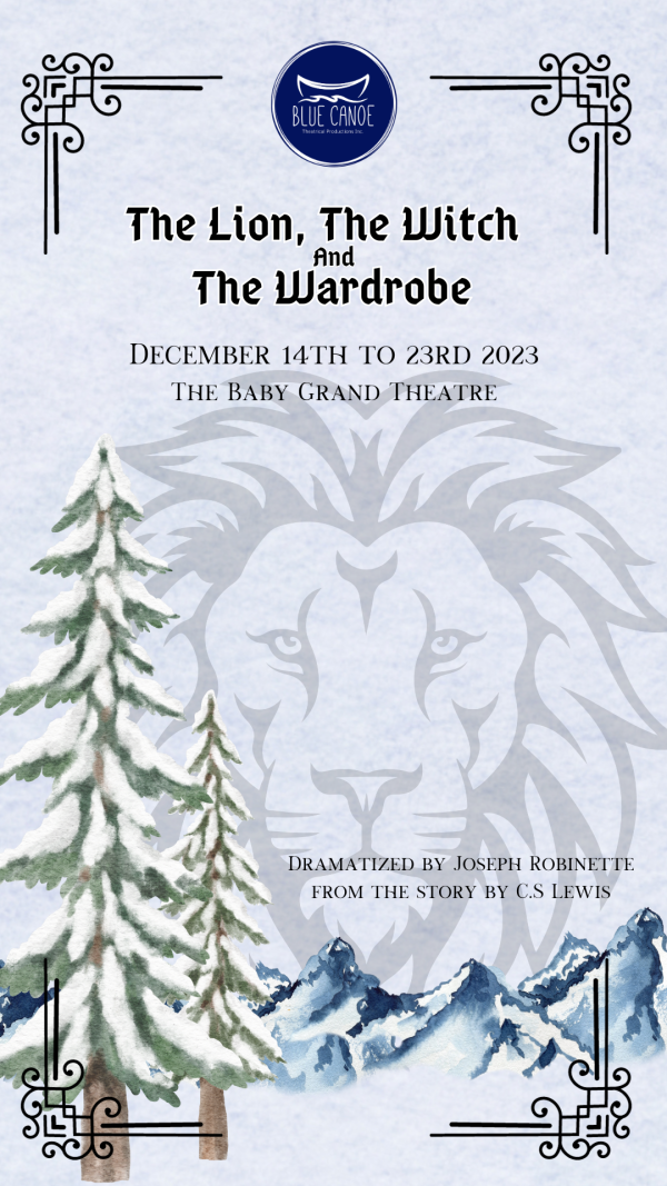 Winter background with pine trees in front and a super imposed lion in the background