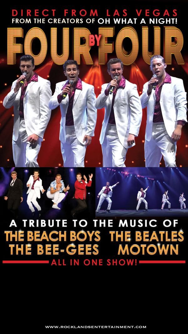 four singers in white suits