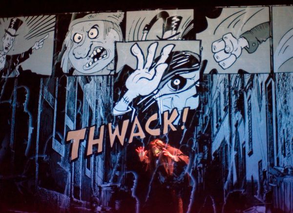 Frankenstein: A Living Comic Book cartoon graffiti with the word THWACK mid-graphic