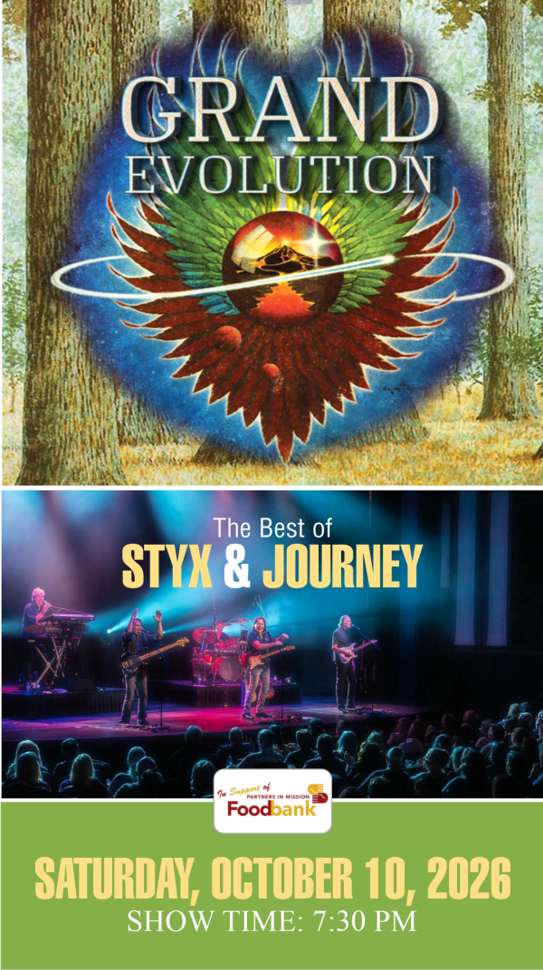 Concert poster for “Grand Evolution: The Best of Styx & Journey,” featuring a live band on stage with event date October 10, 2026.