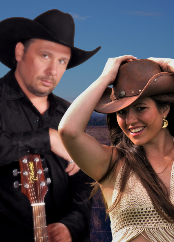 Two people in cowboy hats pose in a stylized portrait, one holding a guitar and the other tipping a brown hat against a field and blue sky background.