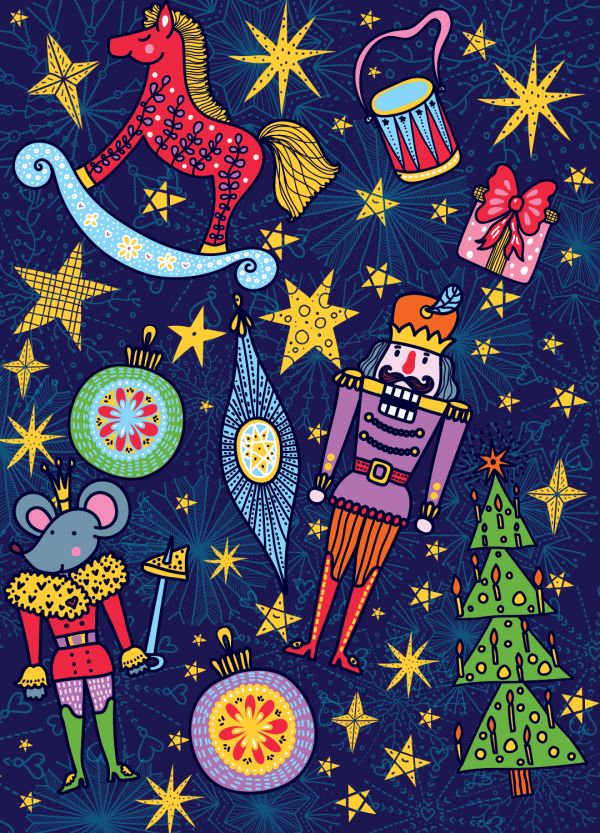 a blue background with hand drawn Christmas items