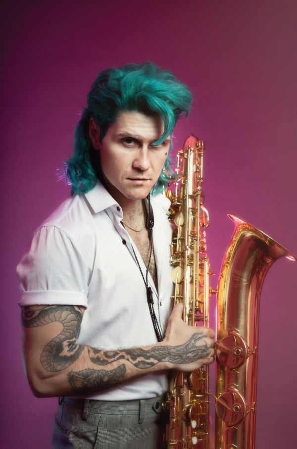 rebel with blue hair, holding a saxaphone