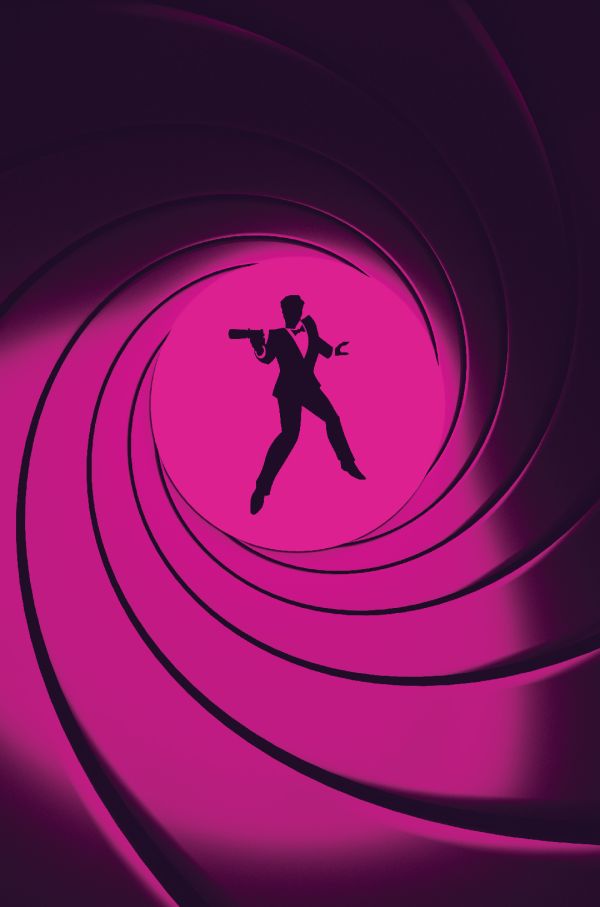 a tunnel with a James Bond like character at the end, in magenta and black