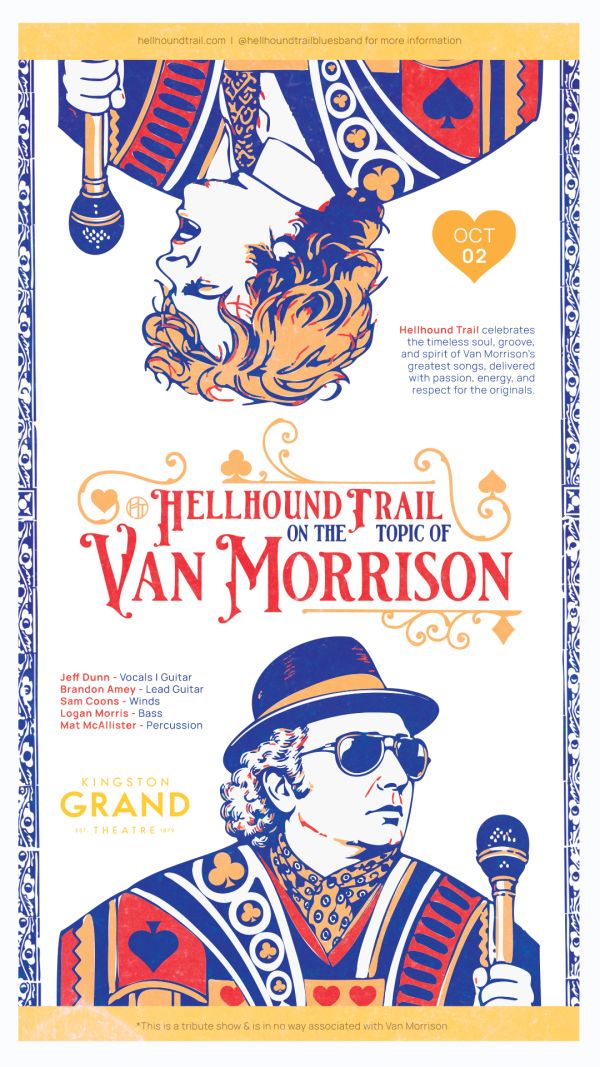Promotional poster for Hellhound Trail: On the Topic of Van Morrison, featuring colorful illustrated musicians holding microphones, decorative vintage-style artwork, and tribute show performer details.