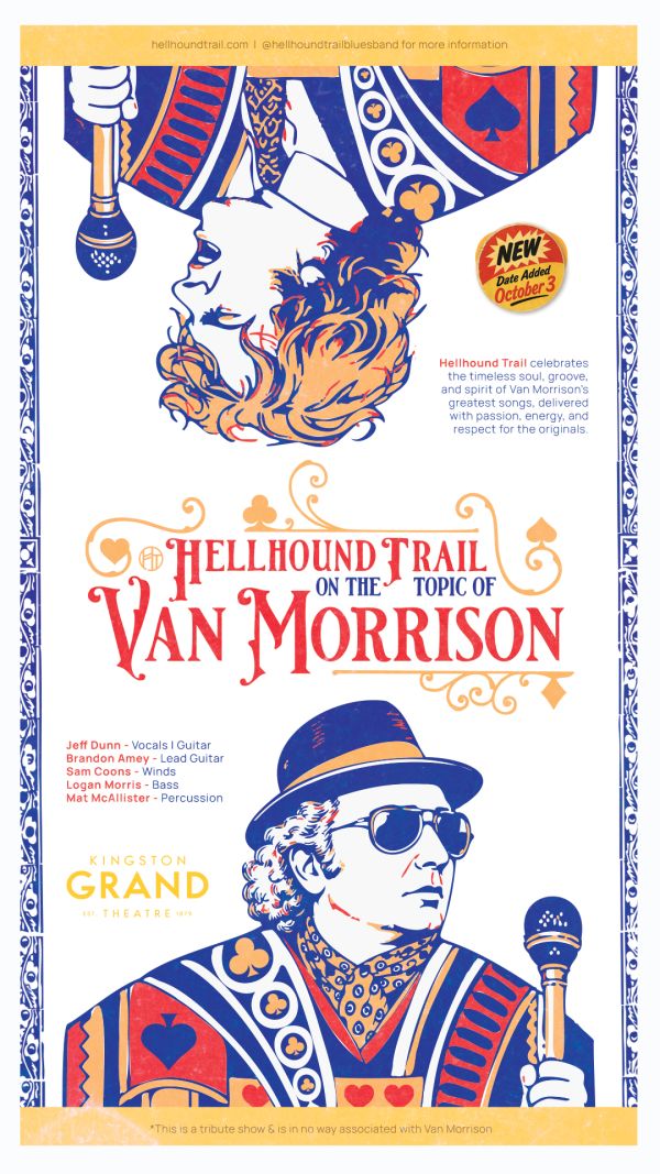 Promotional poster for Hellhound Trail: On the Topic of Van Morrison, featuring colorful illustrated musicians holding microphones, decorative vintage-style artwork, and tribute show performer details.