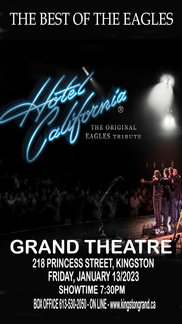 Hotel California The Original Eagles Tribute group on stage with Hotel California written in blue script