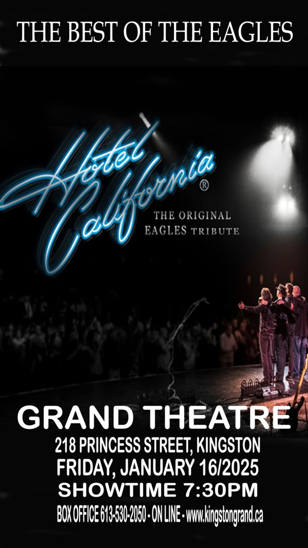 performers on stage with the words Hotel California in blue scrolling text